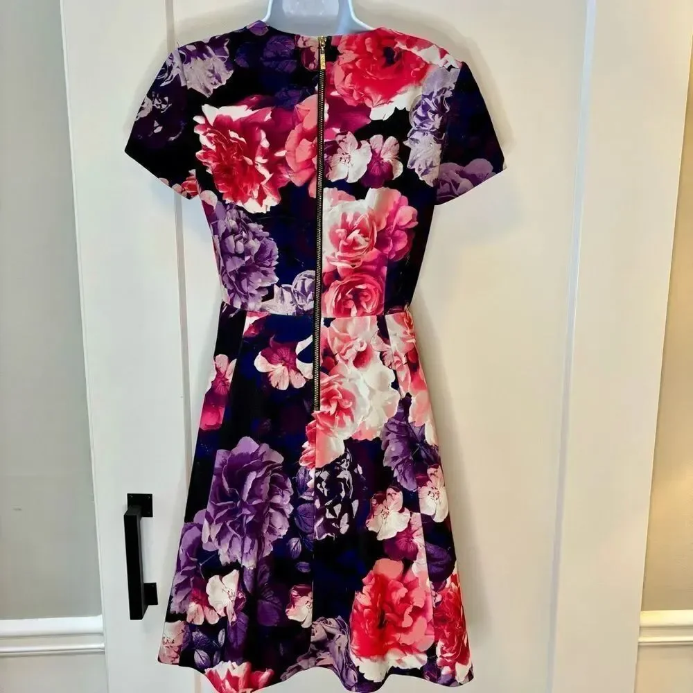 Eliza J black purple floral A-line dress‎ size 4
